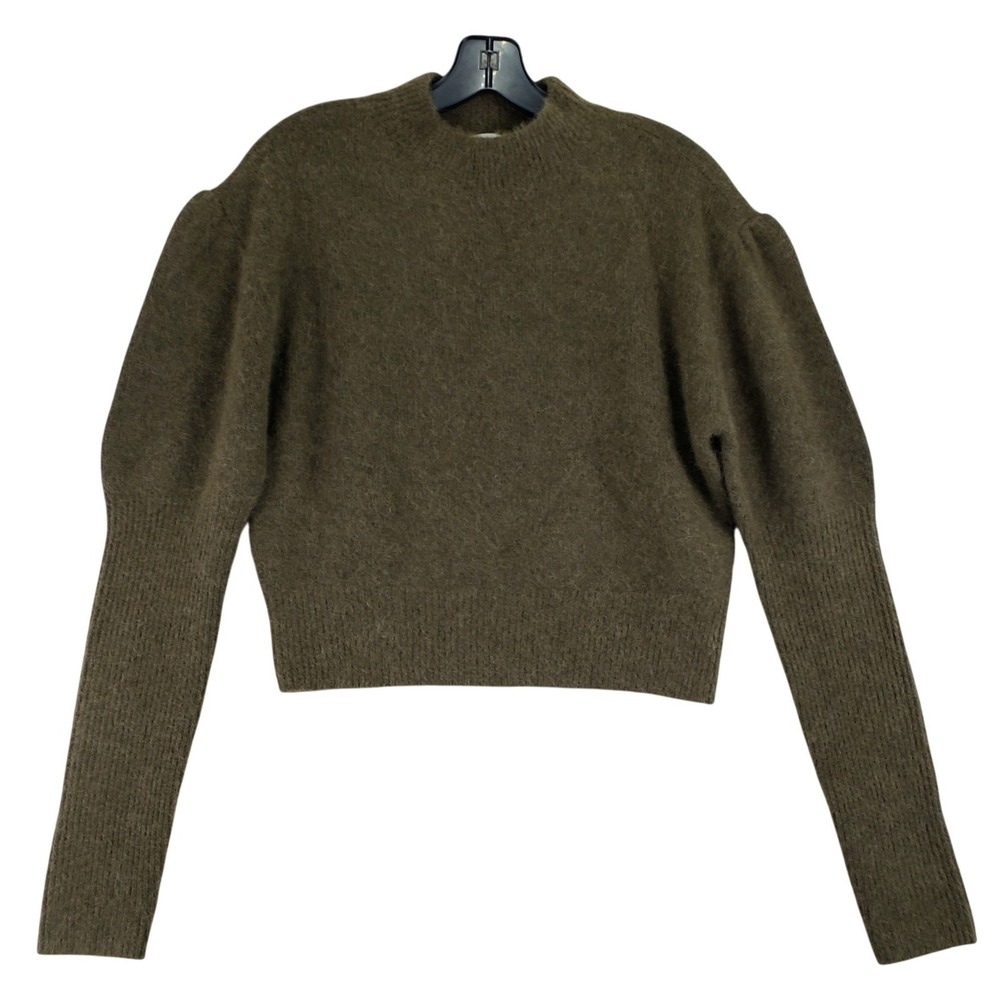 Madewell Alpaca Blend Sweater Women M Olive Green Puff Shoulder Cropped Fuzzy